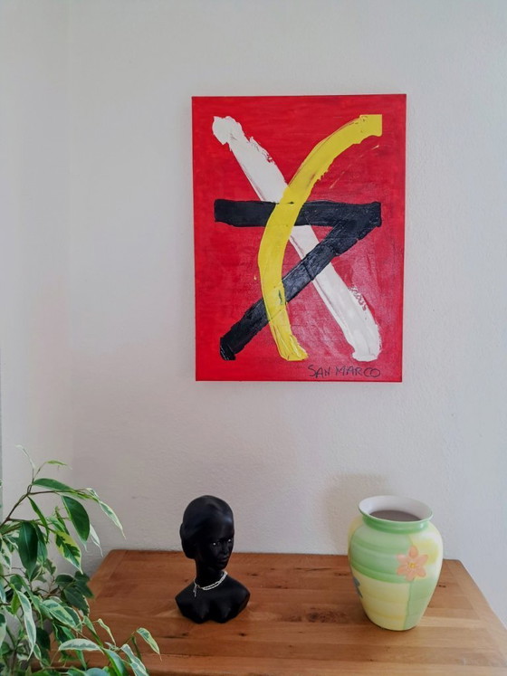 Image 1 of Enzo SAN MARCO - Essential Colors on a Red Background - Artist's Painting