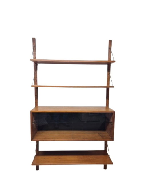 Teakholz-Regalsystem mit Glasschrank, gekennzeichnet mit „Made in Denmark, 1960“