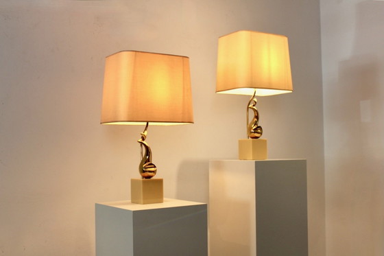 Pair of Exclusive Philippe-Jean Brass Art Sculpture Table Lamps, signed, Marble, Mid Century Modern (photo 11 of 14)
