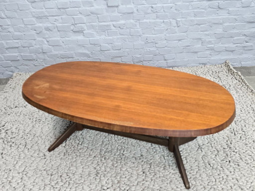 Mid-Century Danish Modern Design Oval Teak Coffee Table with Sculptural Pedestal Base, 1960s.