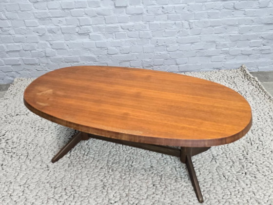 Image 1 of Mid-Century Danish Modern Design Oval Teak Coffee Table with Sculptural Pedestal Base, 1960s.