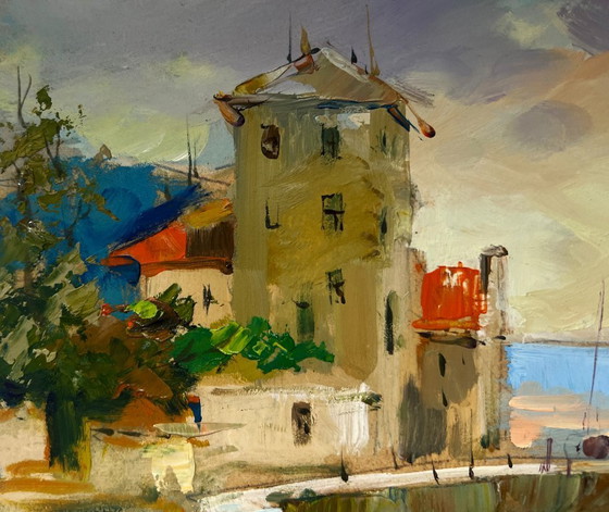 Image 1 of Dipinto ad olio originale, Paesaggio costiero serale, Tramonto arancione sul mare