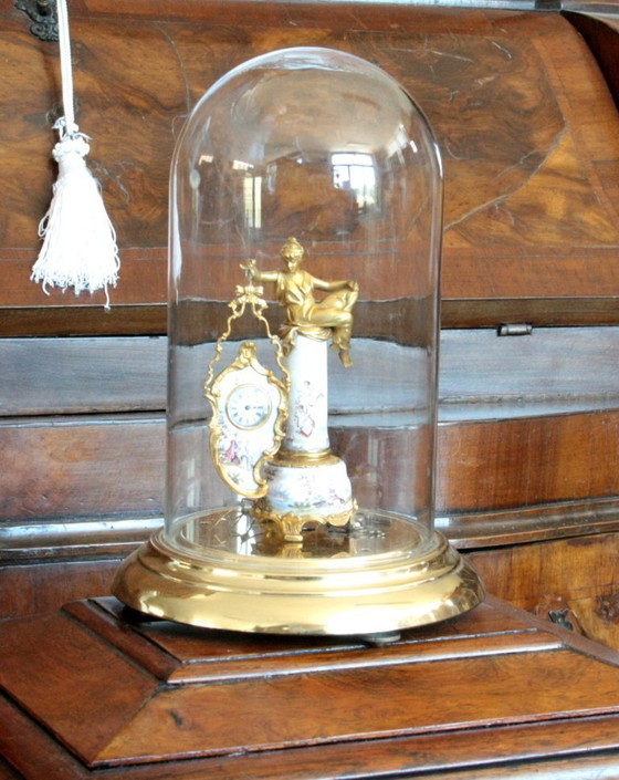 Image 1 of Orologio da tavolo antico del XIX secolo in bronzo dorato e smalto, Austria