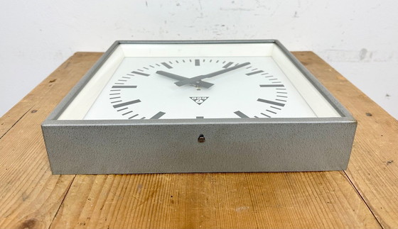 Image 1 of Grey Industrial Square Wall Clock from Pragotron, 1970s