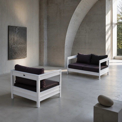 Jan des Bouvrie Collection Loungestoel, Binnen/Buiten, met Kussens / Bijpassende Tweezitter / Voor Praxis, 1980s / Zeldzame Set