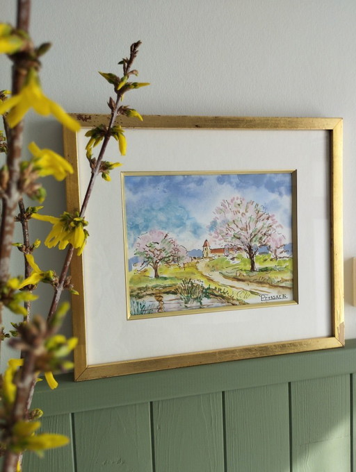 Small painting by Marcel Pressac - Spring landscape, dated and signed.