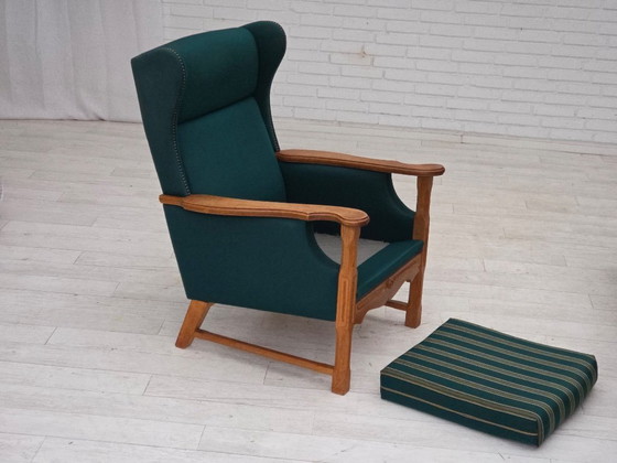 Image 1 of 1970s, Danish high back armchair, furniture wool, solid oak wood.