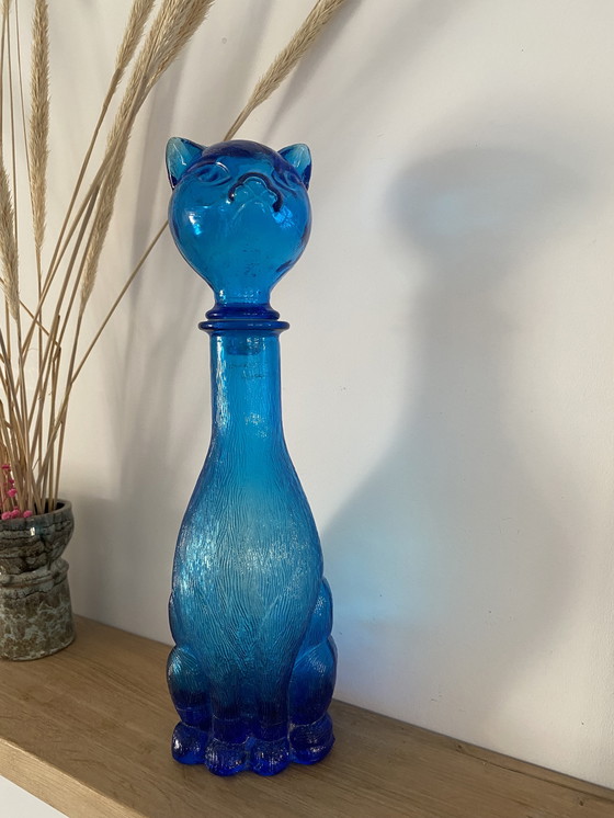Image 1 of Vintage laserblauwe figuurlijke kat Empoli art glazen karaf/fles, Italië