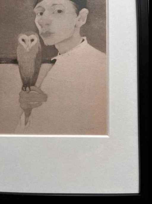 Jan Mankes 1889-1920 / Autoritratto originale in eliogravura con gufo, 1923