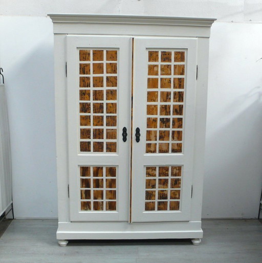 Armadio da ingresso, mobile a cuneo, 2 ante, bianco + legno naturale shabby, pezzo unico