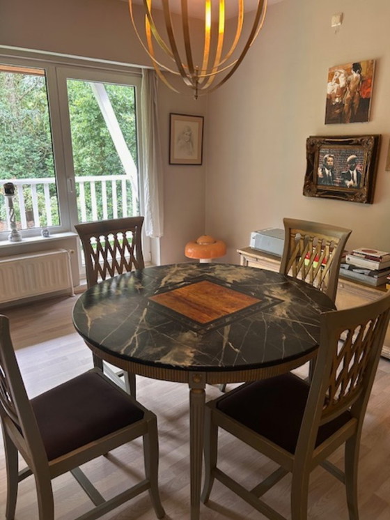 Image 1 of Unique round dining room table with marble-look top & 4 handcrafted chairs - artistically finished