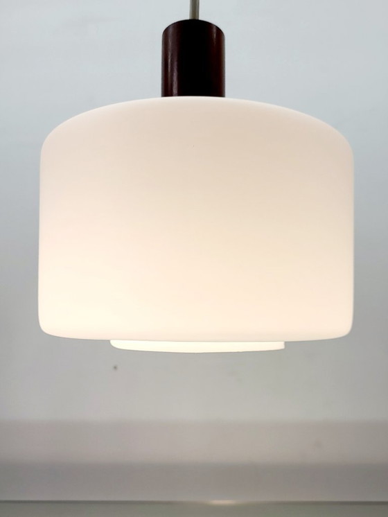 Image 1 of Vintage opaline glazen hanglamp, Scandinavische stijl, teak en messing, jaren 60