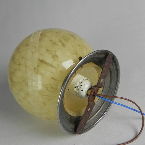 Image 1 of Art Deco plafondlamp, plafonnière met beige gewolkte glazen bol, jaren 30