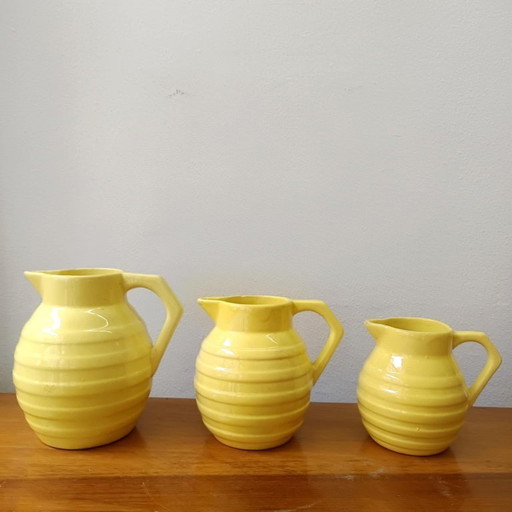 3x Orchies art deco yellow ceramic pitchers