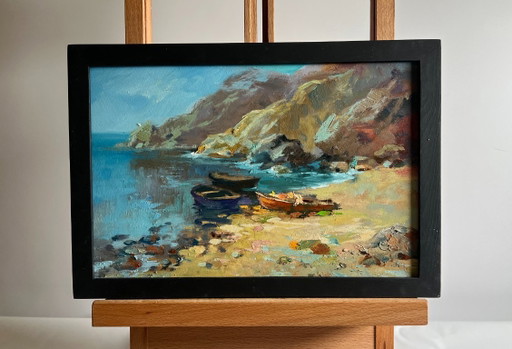 Original Oil Painting Summer Beach Landscape Dream of the sea and mountains
