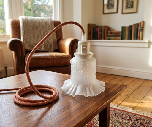 Vintage portable lamp in worked glass and twisted textile cord