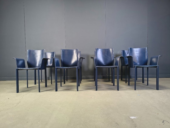 Image 1 of Sedie da pranzo postmoderne in pelle blu, Italia, anni '80, set di 8