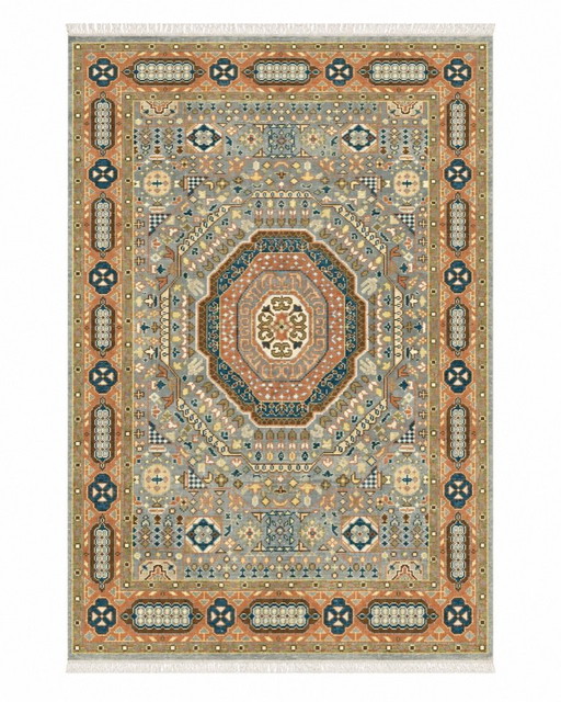 Handgeknoopt wollen vloerkleed van 245x305 cm met geometrisch medaillonpatroon. Handgemaakt tapijt voor de woonkamer.