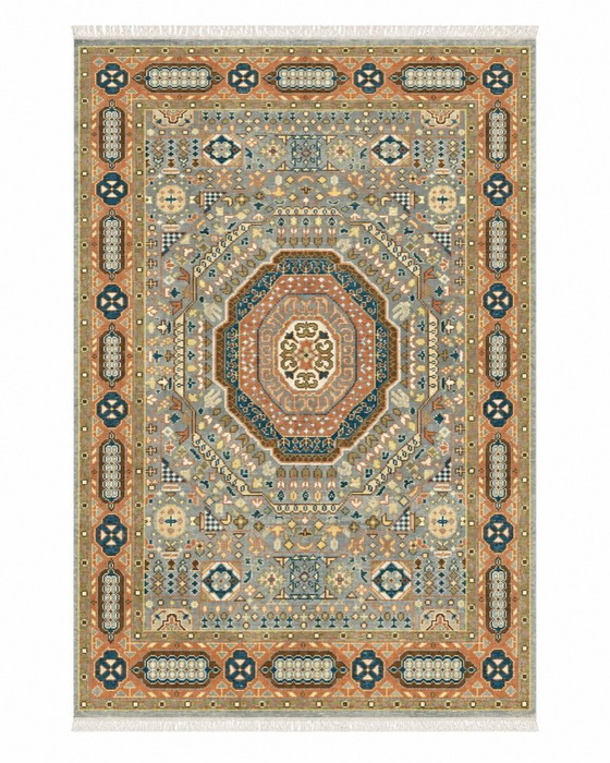 Image 1 of Handgeknoopt wollen vloerkleed van 245x305 cm met geometrisch medaillonpatroon. Handgemaakt tapijt voor de woonkamer.