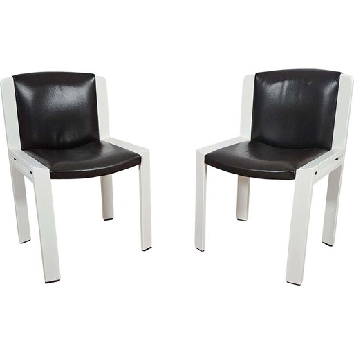 Pair of vintage Chair 300 model chairs in relacquered wood and brown leather by Joe Colombo for Pozzi, 1965