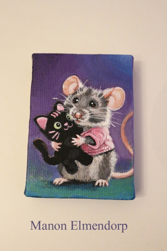 Image 1 of Unique Hand-Painted Little Mouse Painting with Cat Plush Toy