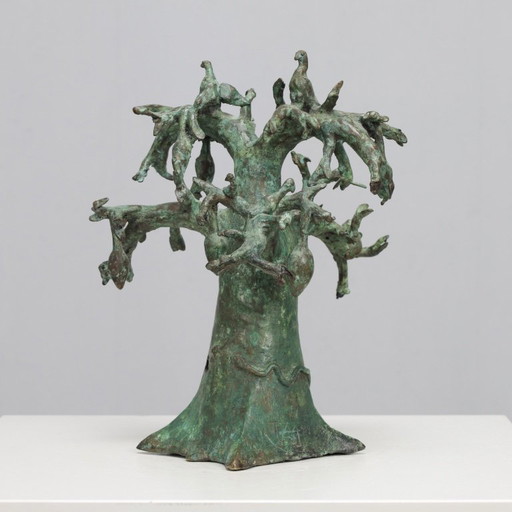 Patinierte Bronzeskulptur eines Baobabbaums mit Vögeln, signiert TM, 1980er Jahre