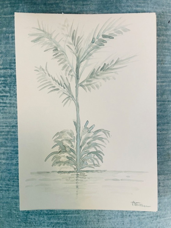Image 1 of Signed monochrome sage green watercolor landscape "reflections"