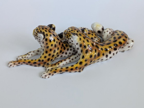 Image 1 of Large Italian Midcentury Porcelain Leopard Pair Sculpture Hollywood Regency Ronzan Style
