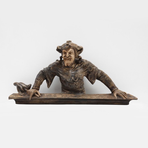 Rare antique plaster statue or sculpture of a jester or joker, France ca. 1880