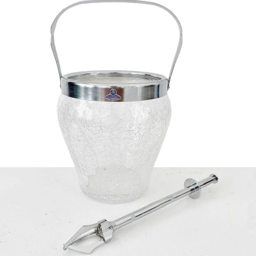 Vintage stainless steel ice bucket crackle glass De Meyere 1950's