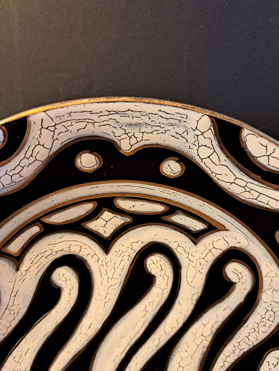 Image 1 of Vintage 1950's Ceramic Bowl with Handles south Dutch Gouda Hand Painted Black with Gold