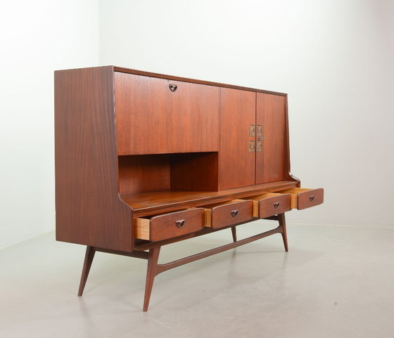 Image 1 of Mid-Century Louis van Teeffelen Design Teak Wooden High Sideboard for Webe with Ceramic Ravelli Tiles. The Netherlands, 1960s