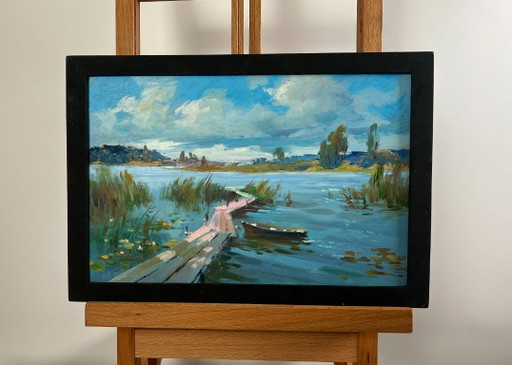 Original Oil Painting Summer River Landscape Quiet flow of the river