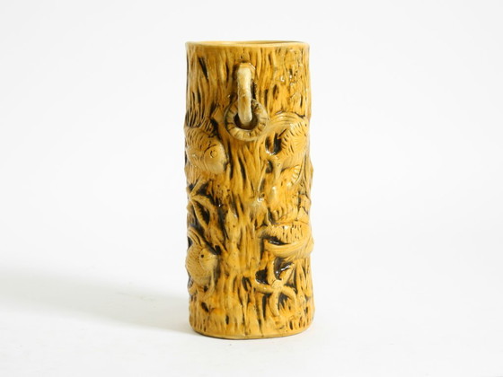 Image 1 of Beautiful large handmade glazed ceramic floor vase, handled vase with maritime fish and starfish motifs | Mid Century Modern