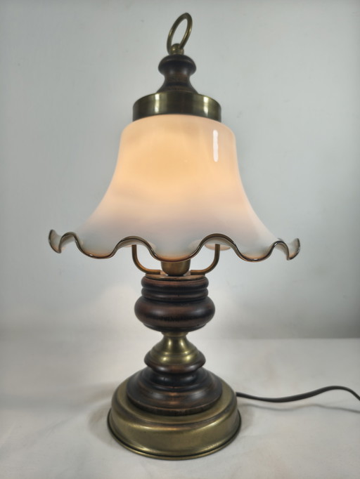 Vintage brass wood table lamp with opaline glass shade – classic / country style