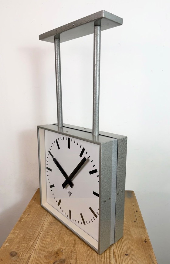 Image 1 of Large Square Industrial Double-Sided Factory Clock from Pragotron, 1960s