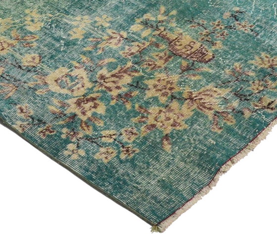 Vintage Turkish Overdyed Rug 261x162 Cm – Teal Handknotted Wool Carpet With Distressed Floral Design (photo 8 of 12)