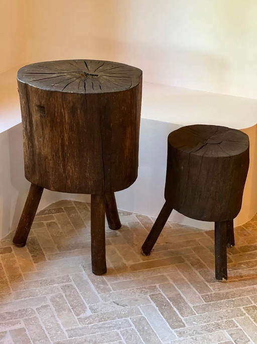 Pair of stools, former chopping blocks, French folk art, 19th century