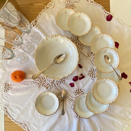 Dessert service with 12 small bowls and a salad bowl, antique Limoges porcelain, Lafarge & Cie