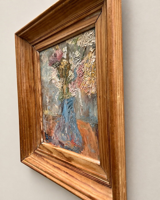 Vintage Floral Oil Painting with Impasto, Signed LB, 1977, Paintings & Drawings, Wood, Blue (photo 7 of 7)