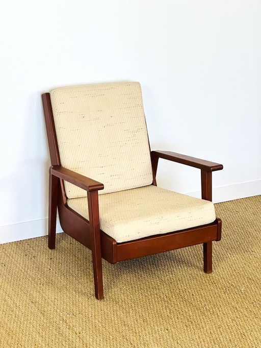 Vintage skandinavischer Sessel aus Teakholz und beigefarbenem Strukturstoff, 1960