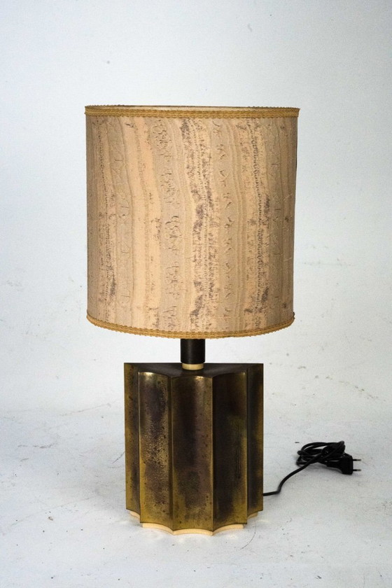 Image 1 of Vintage Brass Table Lamp with Fabric Shade – Original Patina. Italy 1970s