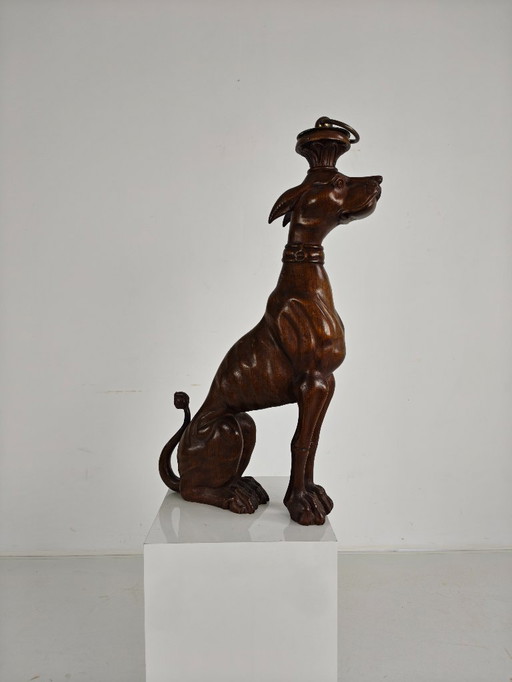 Hand-Carved Wooden Greyhound Statue – 20th Century