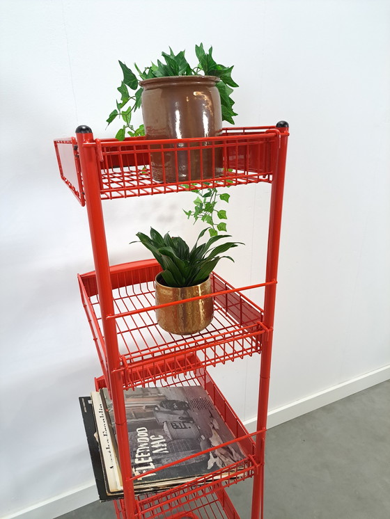Image 1 of Red Metal Shop Display Case Shop Rack With Baskets Vintage