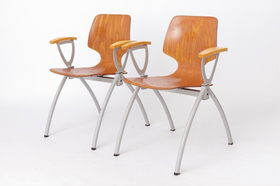 Image 1 of Set of 4 Vintage Pagholz Stackable Chairs, Industrial Dining Chairs, Germany 1970s, Beech Wood Armrests