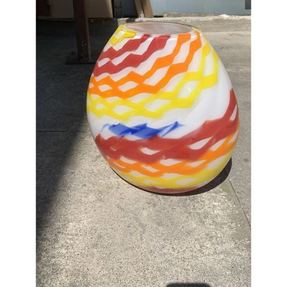 Image 1 of Contemporary Vase in Milky-White Murano Glass with Colored Reeds, Attributed