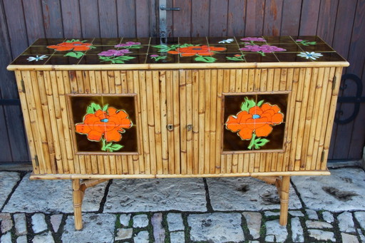 Vintage sideboard in bamboo and rattan in the style of Audoux Minet