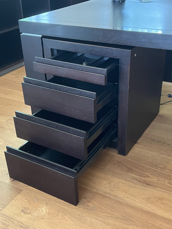 Image 1 of Double wooden desk with leather inlay and drawer units