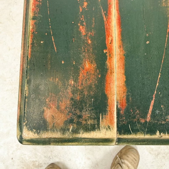 French Bistro table with green painted wooden top, Consoles, Metal, Rustic (photo 7 of 12)