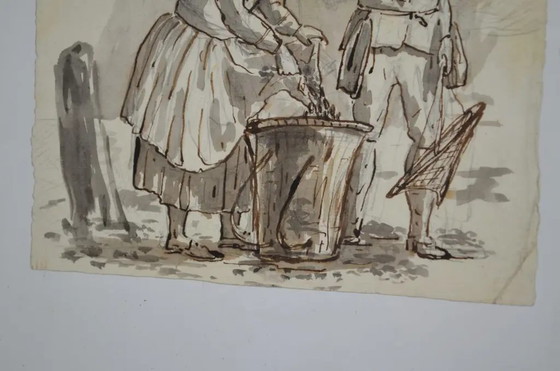 Zeichnung „Fischerpaar“ der Schule des 18. Jahrhunderts – Gemälde & Zeichnungen, Paper (photo 7 of 9)